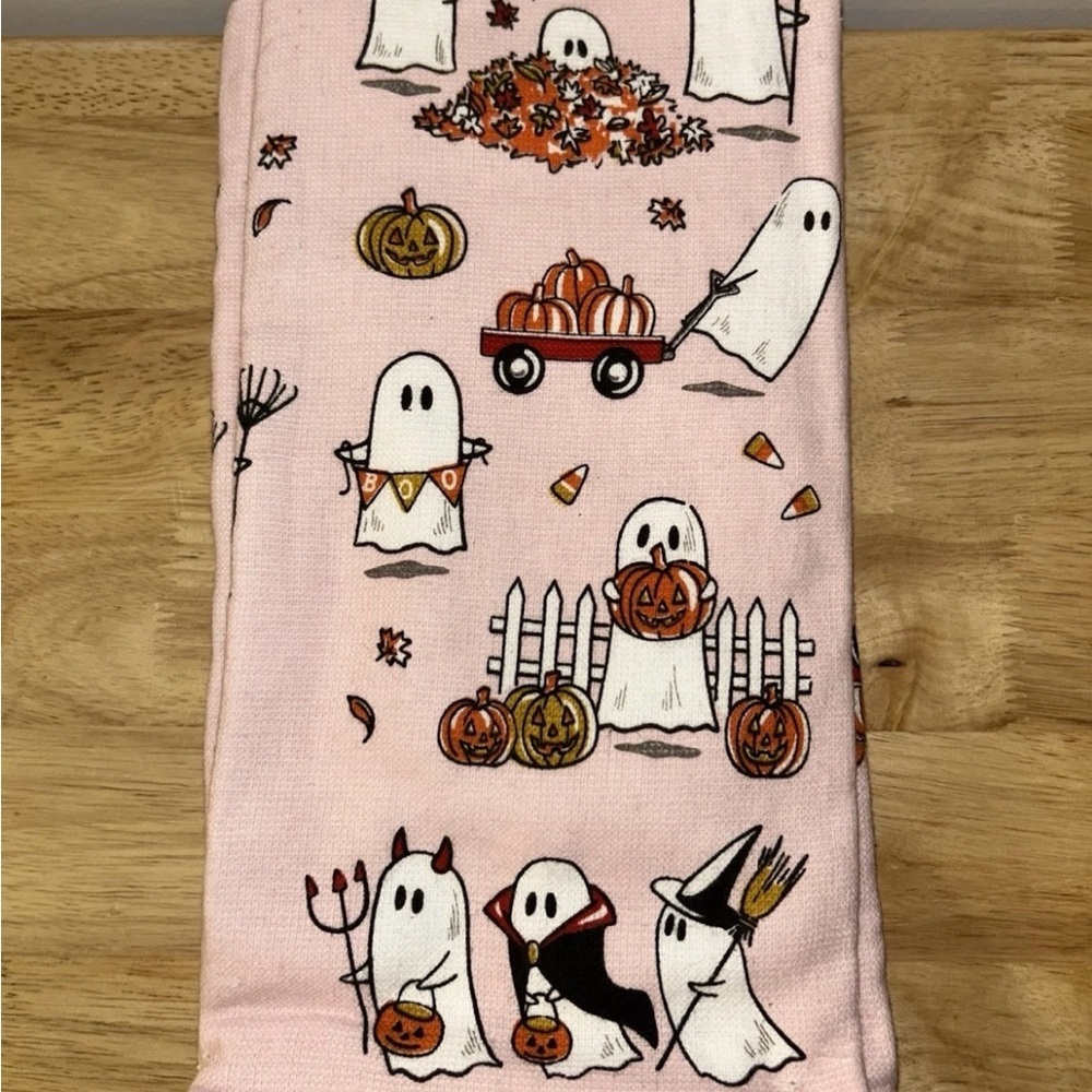⭐️ 2/$50 ISAAC MIZRAHI KITCHEN TOWELS PINK GHOSTS JACK O LANTERNS COTTON